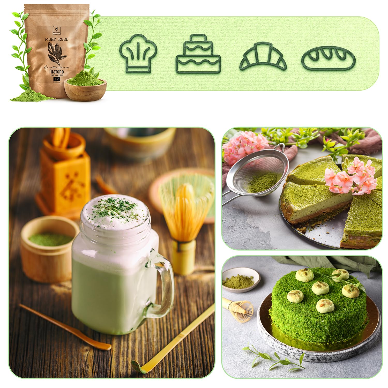 Mary Rose Matcha Tee Bio Pulver 1kg - Japanischer Grüner Tee aus Kagoshima - Ohne Zusätze - Intensives Umami Aroma - Natürlicher Wachmacher - Ideal für Latte - Reich an Antioxidantien - Großpackung