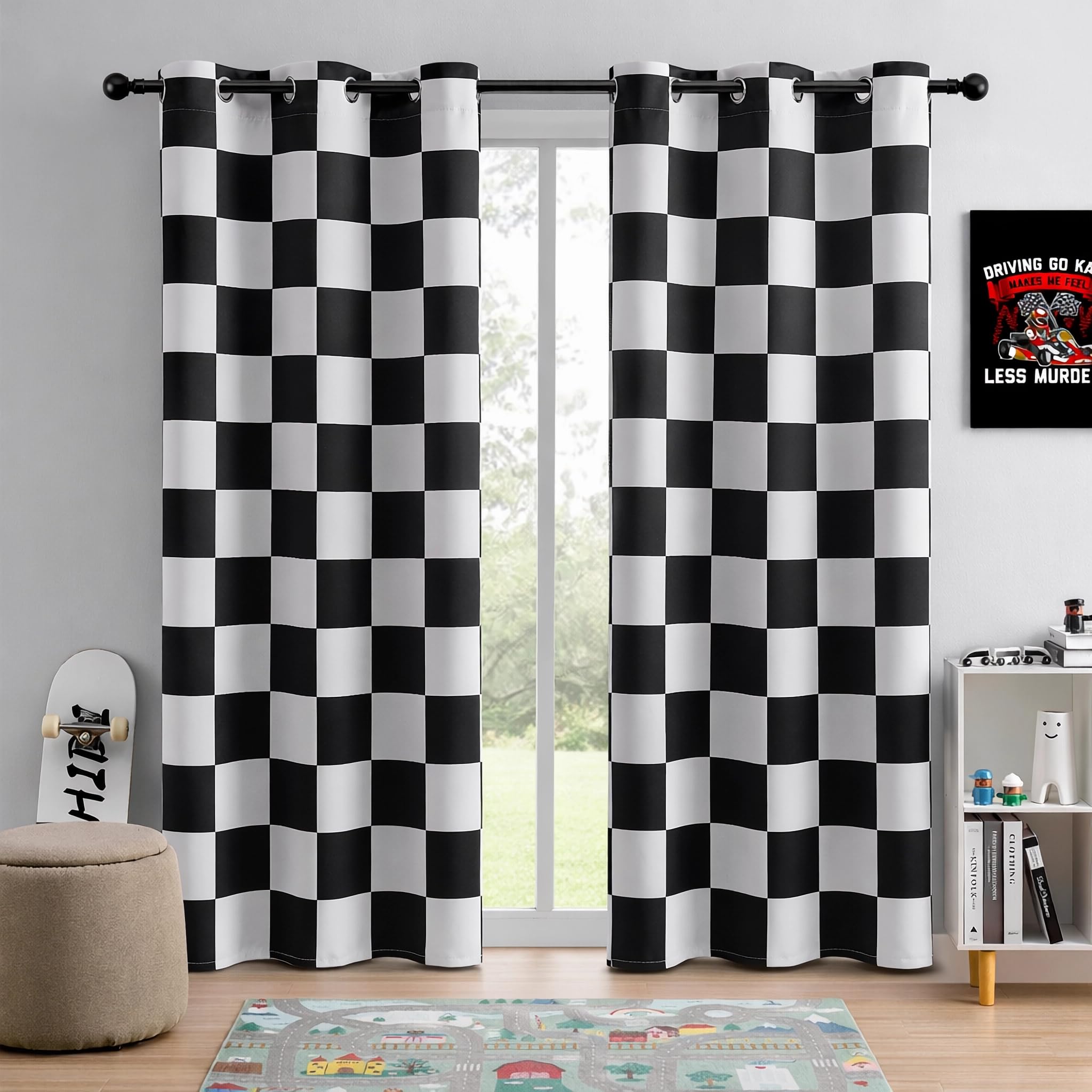 BOHOMOCASA 100% Blackout Curtains – Black and White Checkered Race Flag Pattern, 2 Panels, Each W42×L84, Thermal Insulated, Nosie Reducing for Bedroom, Living Room, Race car Drapes — image 1