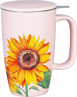 Sunddo Ceramic Tea Cup with Infuser and Lid Sunflower Coffee Mug Gifts for Women Mom Teacher Wife Friends Valentines Day Christmas Mothers Day