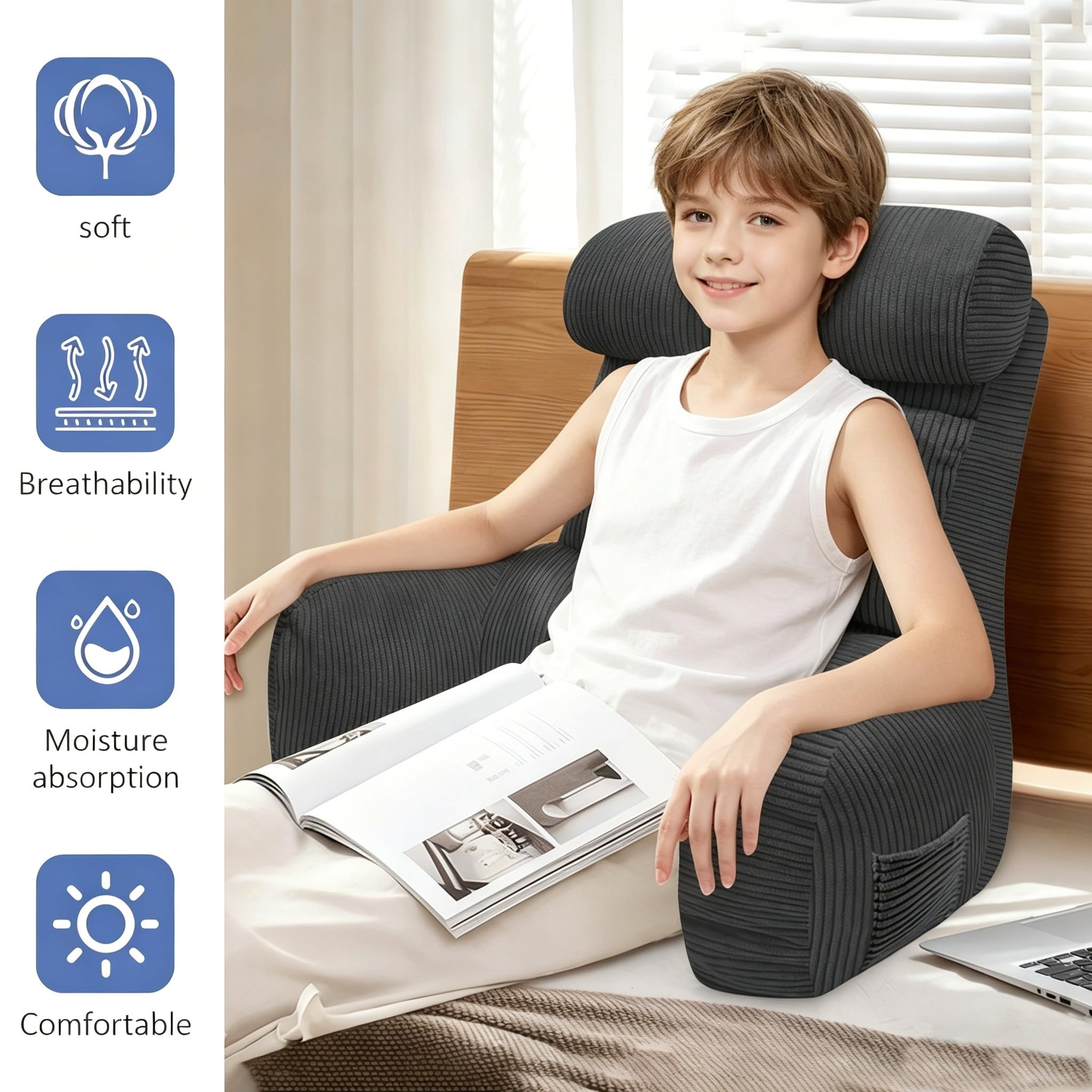 MeYuxg Cojín de lectura para cama y sofá con reposabrazos y soporte para el cuello desmontable, 60 x 35 cm, cojín de respaldo ajustable en altura, cojín de apoyo para la espalda para leer, ver la