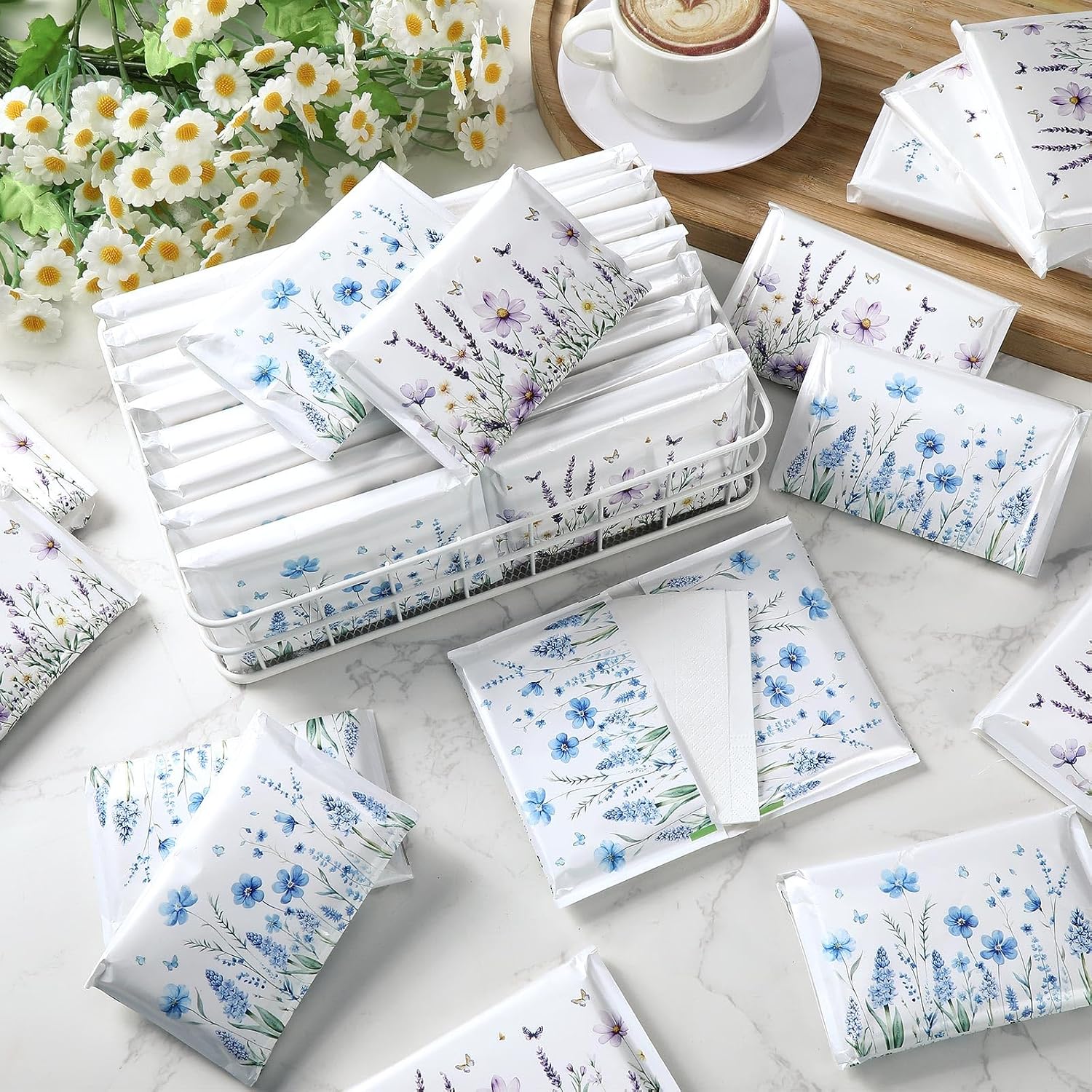 Fourluoo 50 Pack Summer Blue Wildflower Pocket Tissues Individual Packs French Country Floral Pocket Facial Bulk 3 Ply Wildflower Wallet Travel Tissues for Spring Summer Wedding Party Supplies