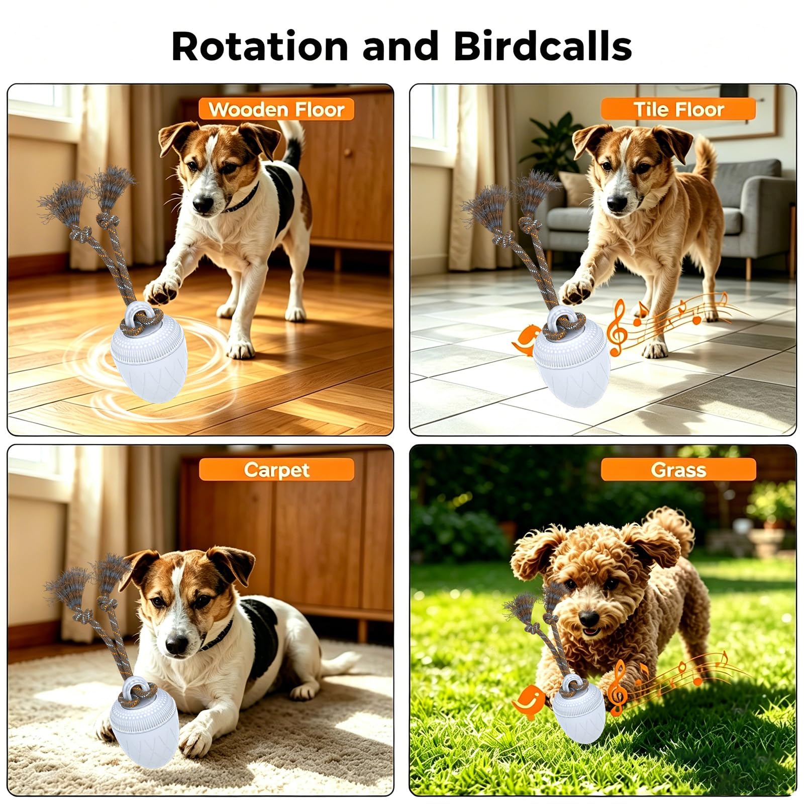 Jouet interactif pour chien de taille moyenne et grande - Jouet pour chien à mouvement automatique avec sons d'oiseaux et corde, balle intelligente rechargeable par USB avec modes rapide et