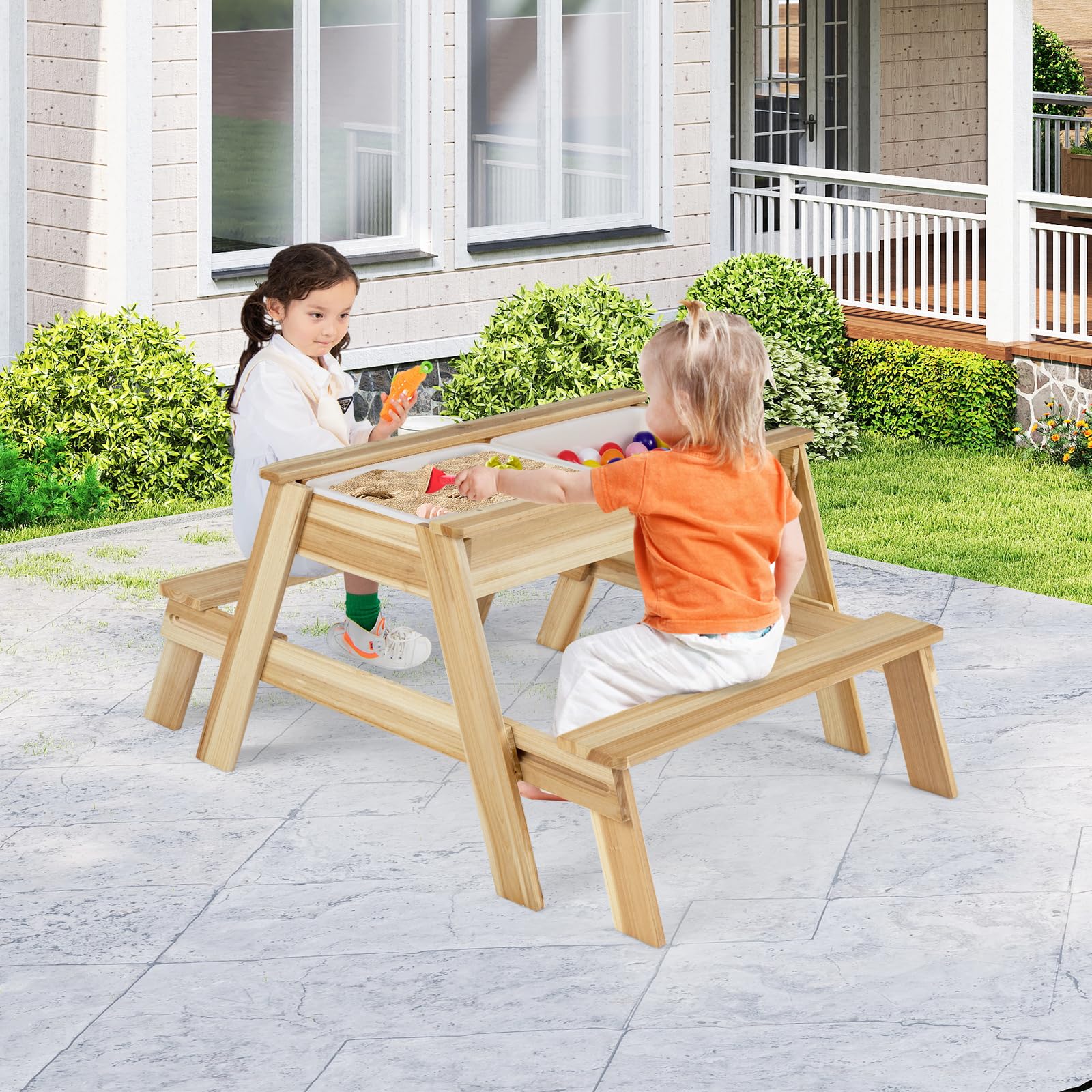 COSTWAY Arenero Infantil, Juego 4 en 1 con Mesa y Bancos de Madera con Tapa Extraíble y 2 Cajas de Almacenaje, Mesita de Actividades de Arena y Agua, Mobiliario de Exterior para Jardín, Patio