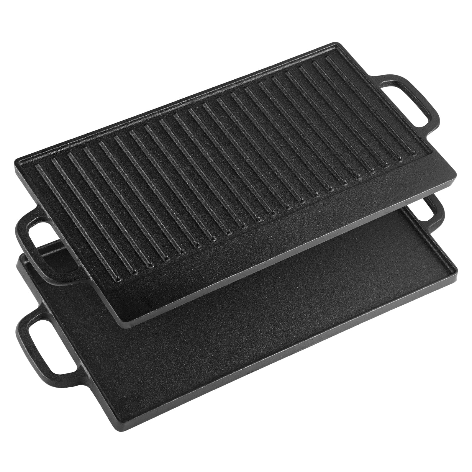 Minifactory Cast Iron Griddle Pan, Reversible Grill & Flat Plate for Gas Hob, Induction & BBQ, Pre-Seasoned Non-Stick Double Burner Griddle with Handles, Oven Safe & Camping (Right Angle)