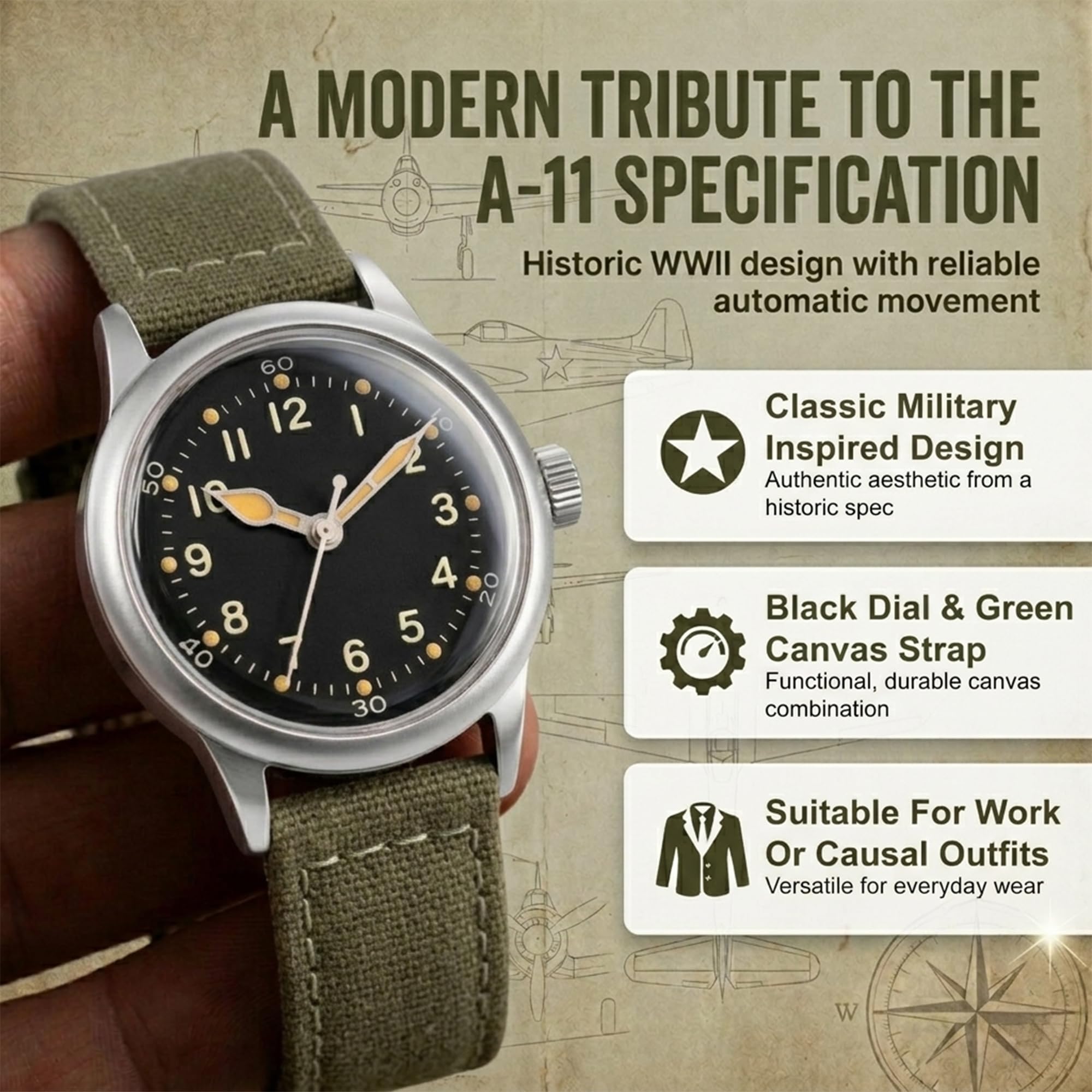 PRAESIDUS | 𝗔-𝟭𝟭 𝗦𝗲𝗿𝘃𝗶𝗰𝗲 𝗪𝗮𝘁𝗰𝗵 - Orologi da Polso da Uomo Militari - Quadrante Bianco da 38 mm e Cinturino in Tela Verde, Assemblato negli USA, Automatico
