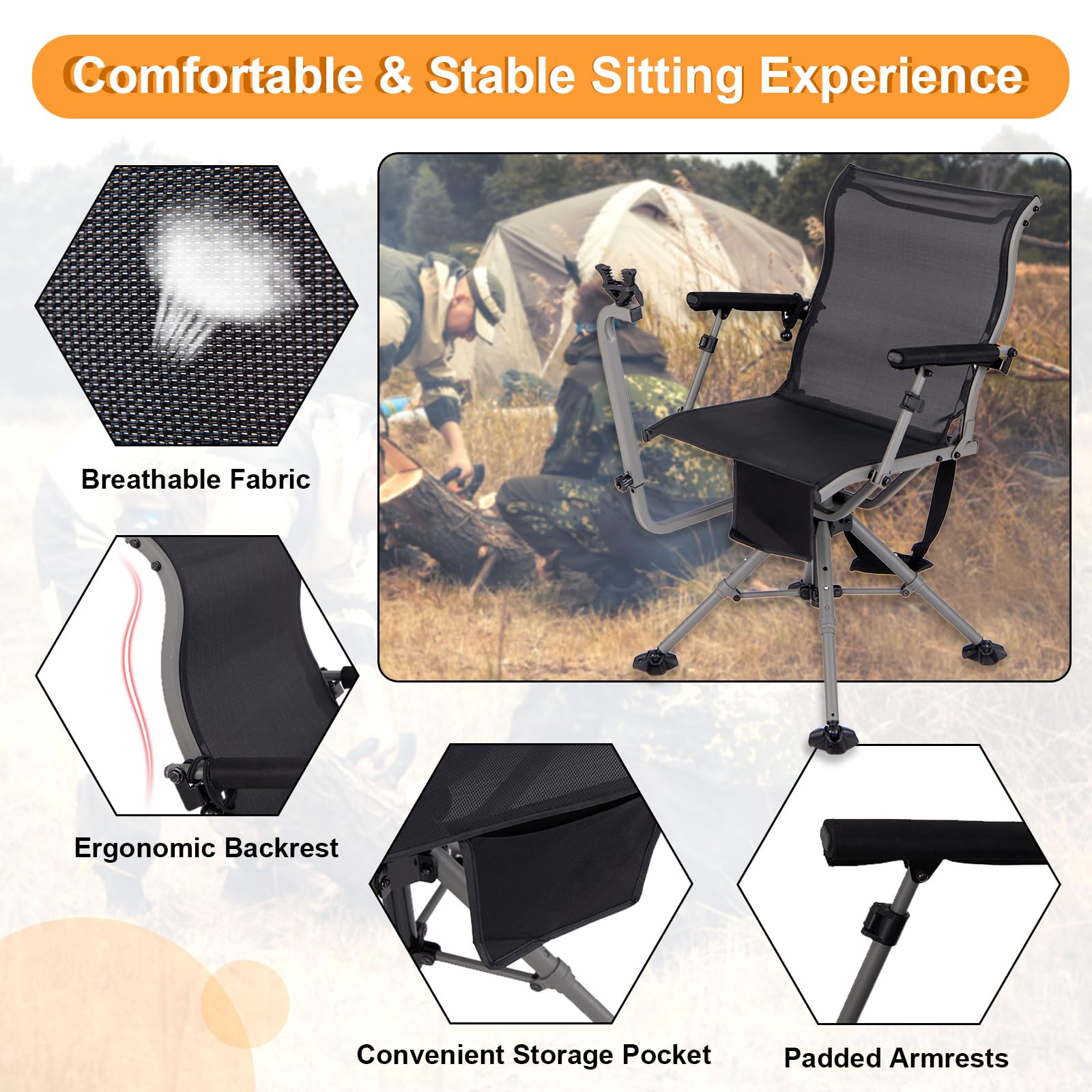 KOMFOTTEU Silla de Caza Giratoria 360°, Silla Plegable de Exterior con Soporte para Rifle Ajustable y Patas Ajustables, Asiento de Francotirador con Bolsillo de Transporte, Carga 150 kg (Modelo I)