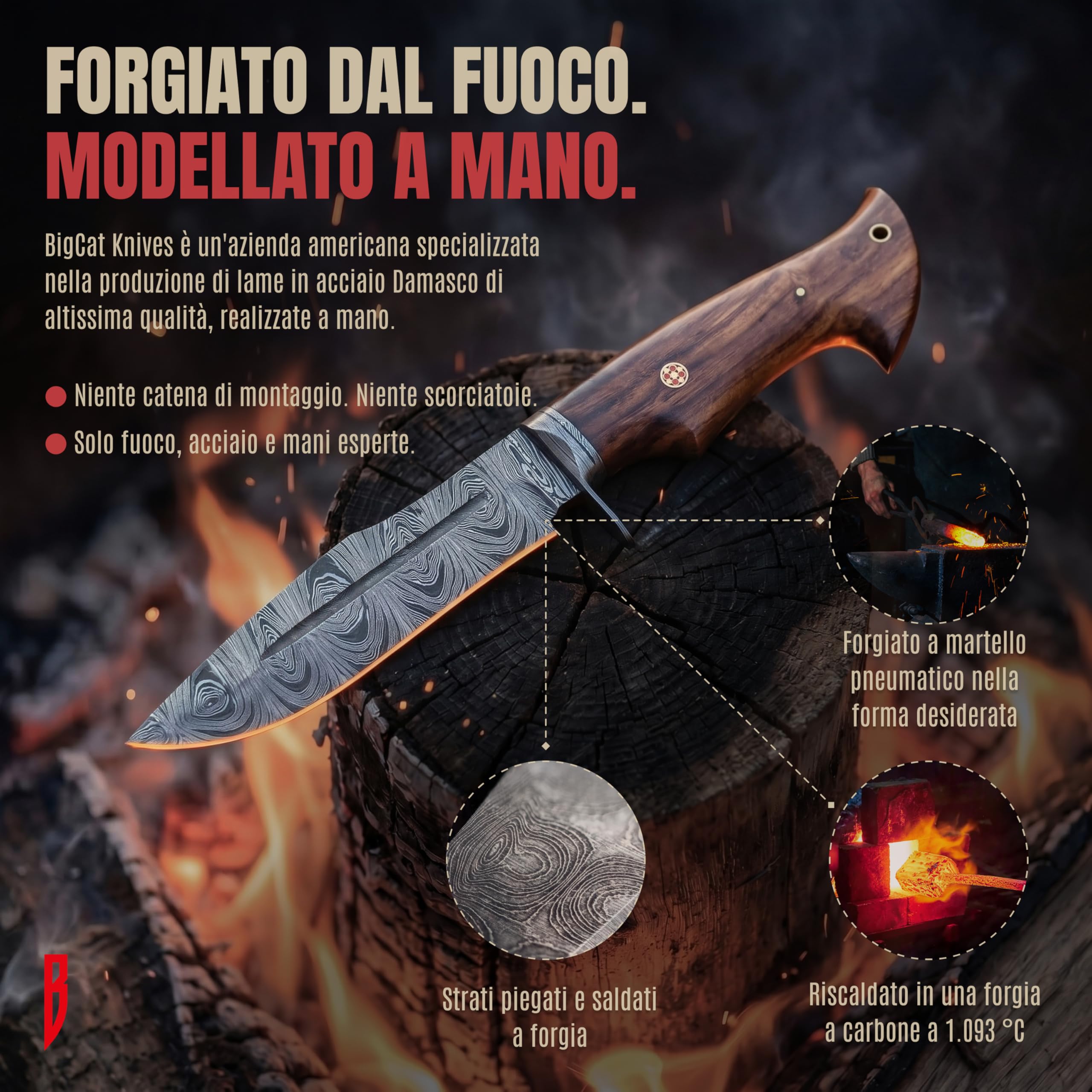 BIGCAT ROAR Beast Hunter - Coltello da Caccia Artigianale in Acciaio Damasco 25 4 cm - Manico in Legno di Noce e Fodero in Cuoio - EDC Bushcraft Campeggio Sopravvivenza - Idea Regalo Uomo Cacciatore