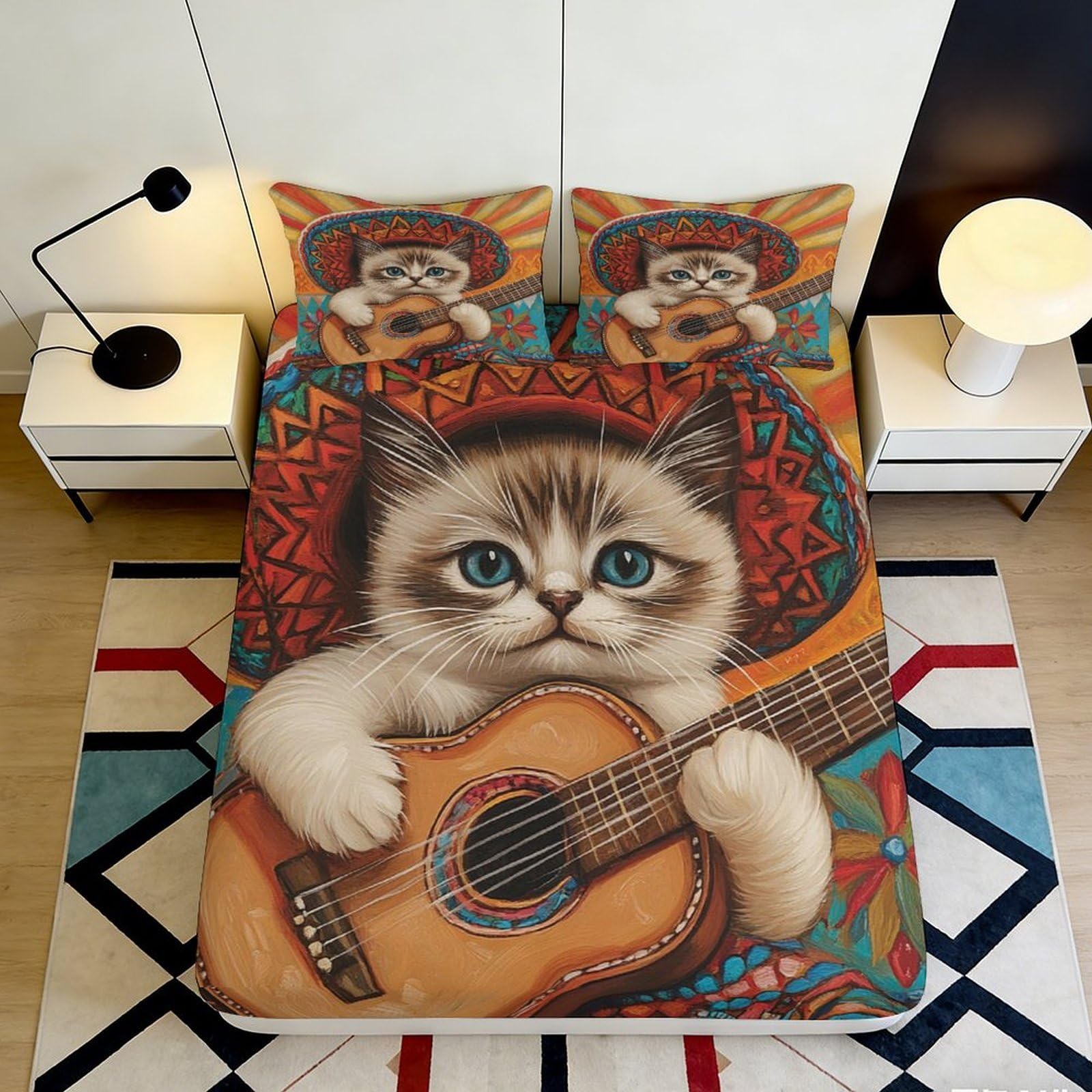 Wtorimpel Style-6 3D Printed Guitar Cat Microfiber Fitted Sheet Deep Pocket Non-Slip Bedding Set Full Wrap Guitar Cat Mattress Fitted Cover Washable For Bedroom 200X200x25cm