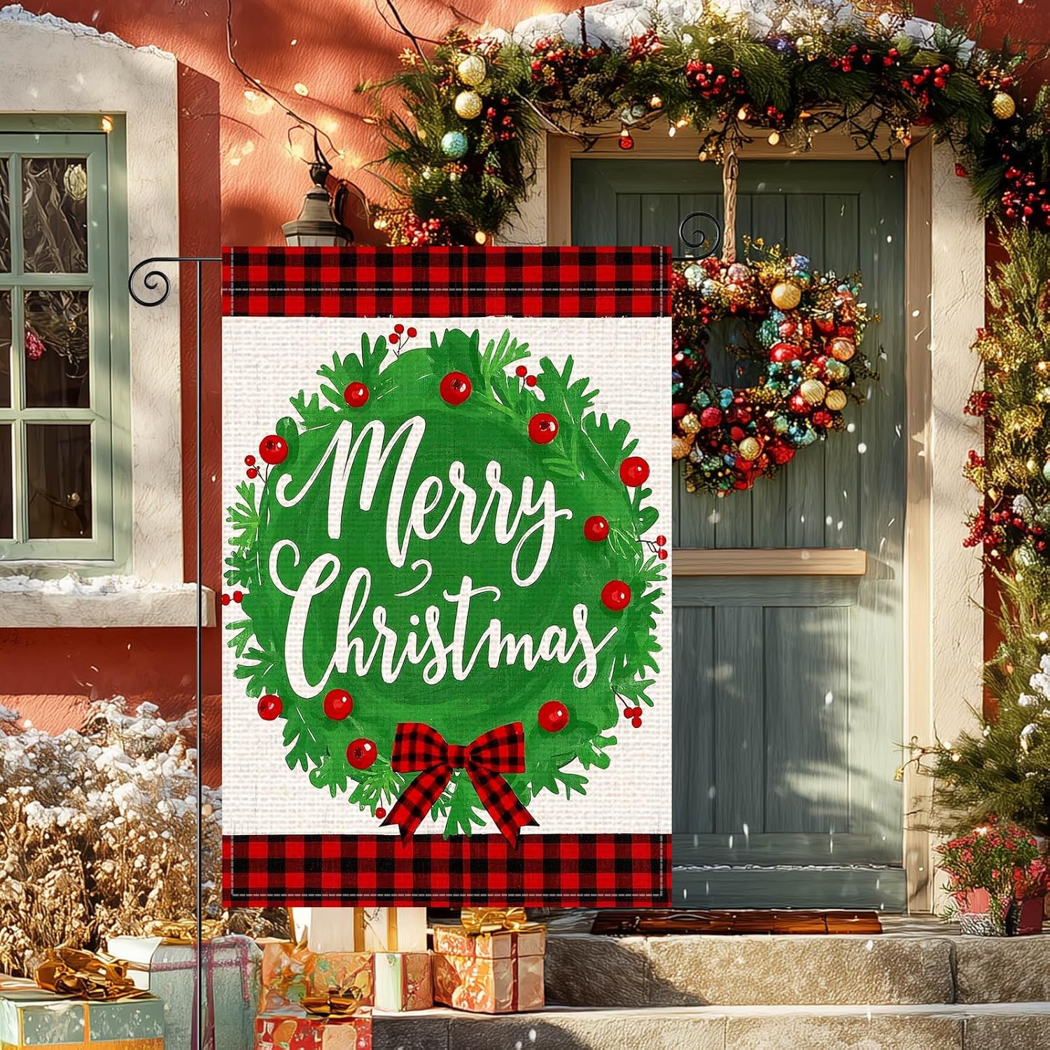 Merry Christmas Wreath Garden Flag 12x18 Inch Welcome Garden Flags Burlap Double-Sided Red Bow Snowflakes Pinecones Holiday Banner Winter Flag for Yard Lawn Decoration - Image 2