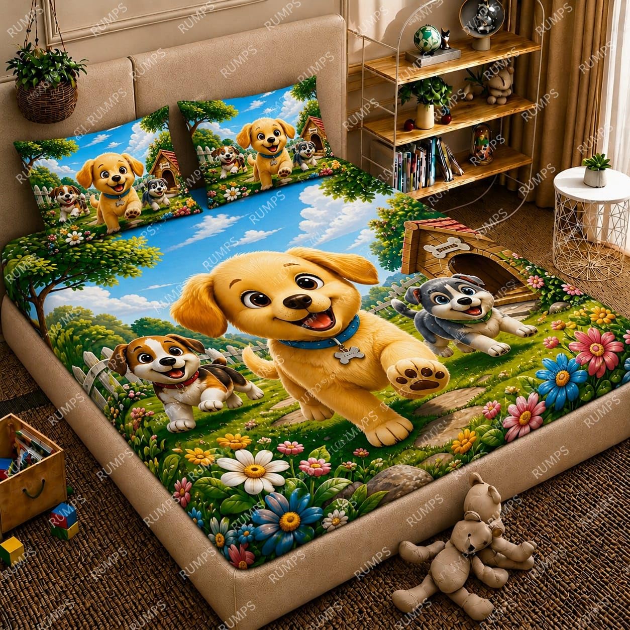 RUMPS 7D Digital Printed Flat Double Bed Bedsheet (90 x 100 inches) | Soft Microfiber Kids Bedding Set with 2 Pillow Covers, Animated Cute Dogs & Puppies Design