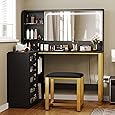 DWVO Vanity Desk with Drawers & LED Lighted Mirror 3 Lighting Mode & 48" L Shaped Corner Black Vanity Set with Stool, 5 Acrylic Drawer Cabinet, Stylish Bedroom Makeup Table Set, Black