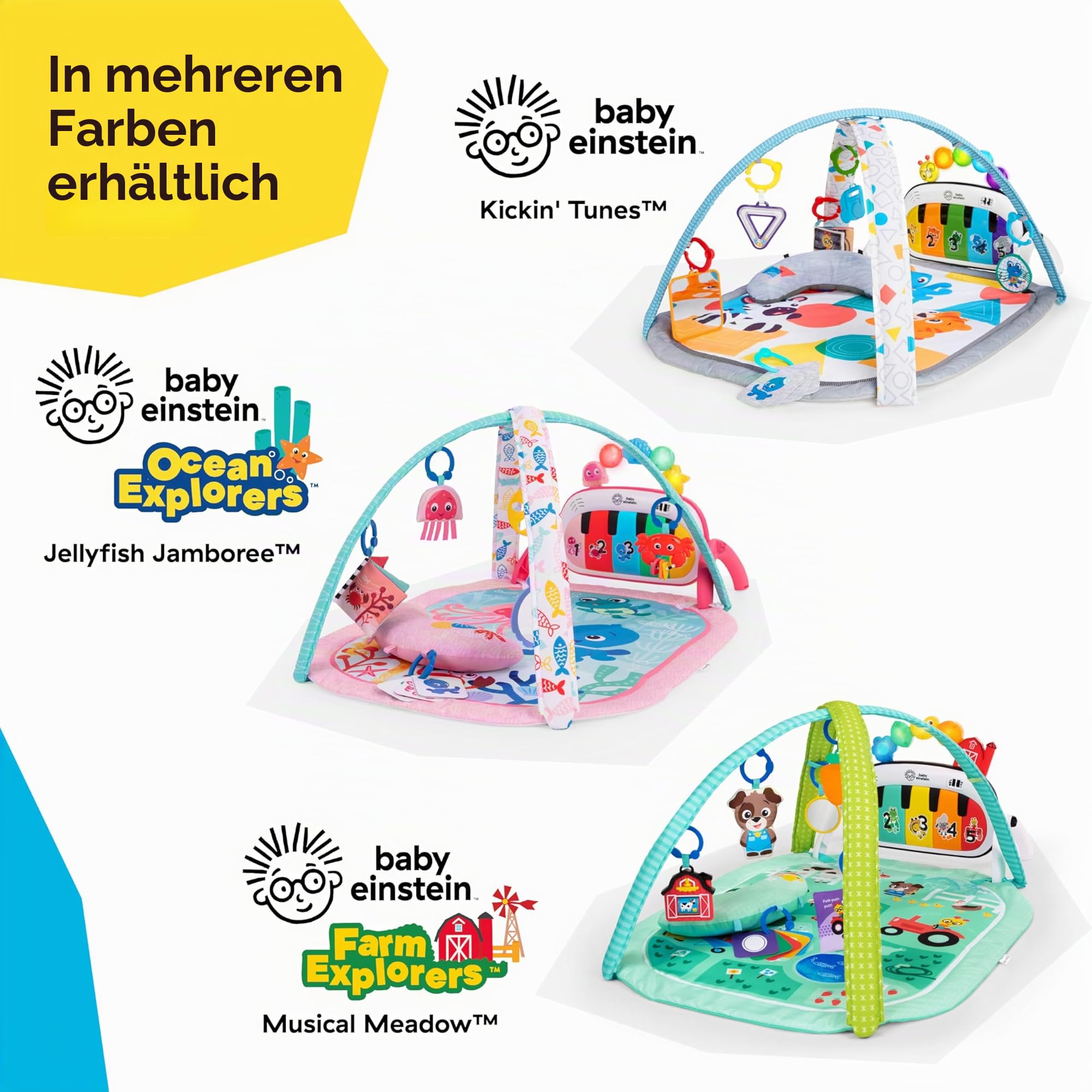 Baby Einstein Farm Explorers 4-in-1 Kickin' Tunes Musical Meadow Musik- & Sprachentdeckungs-Spielbogen, Spielmatte mit Kick-Piano, ab 0 Monaten