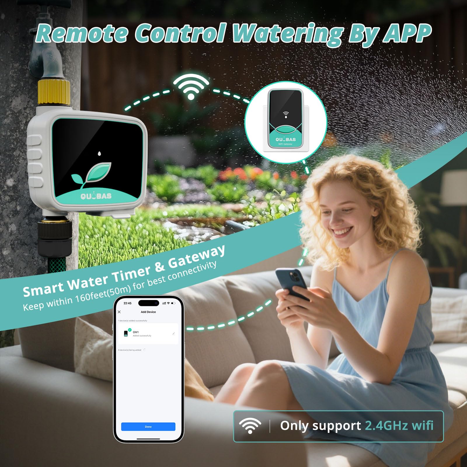 QUOBAS Inteligentny zegar wodny WiFi do węża ogrodowego, 1-strefowy, mosiężny zraszacz, timer z aplikacją i opóźnieniem deszczu, automatyczny/ręczny, 3 tryby nawadniania kropelkowego, basenu i