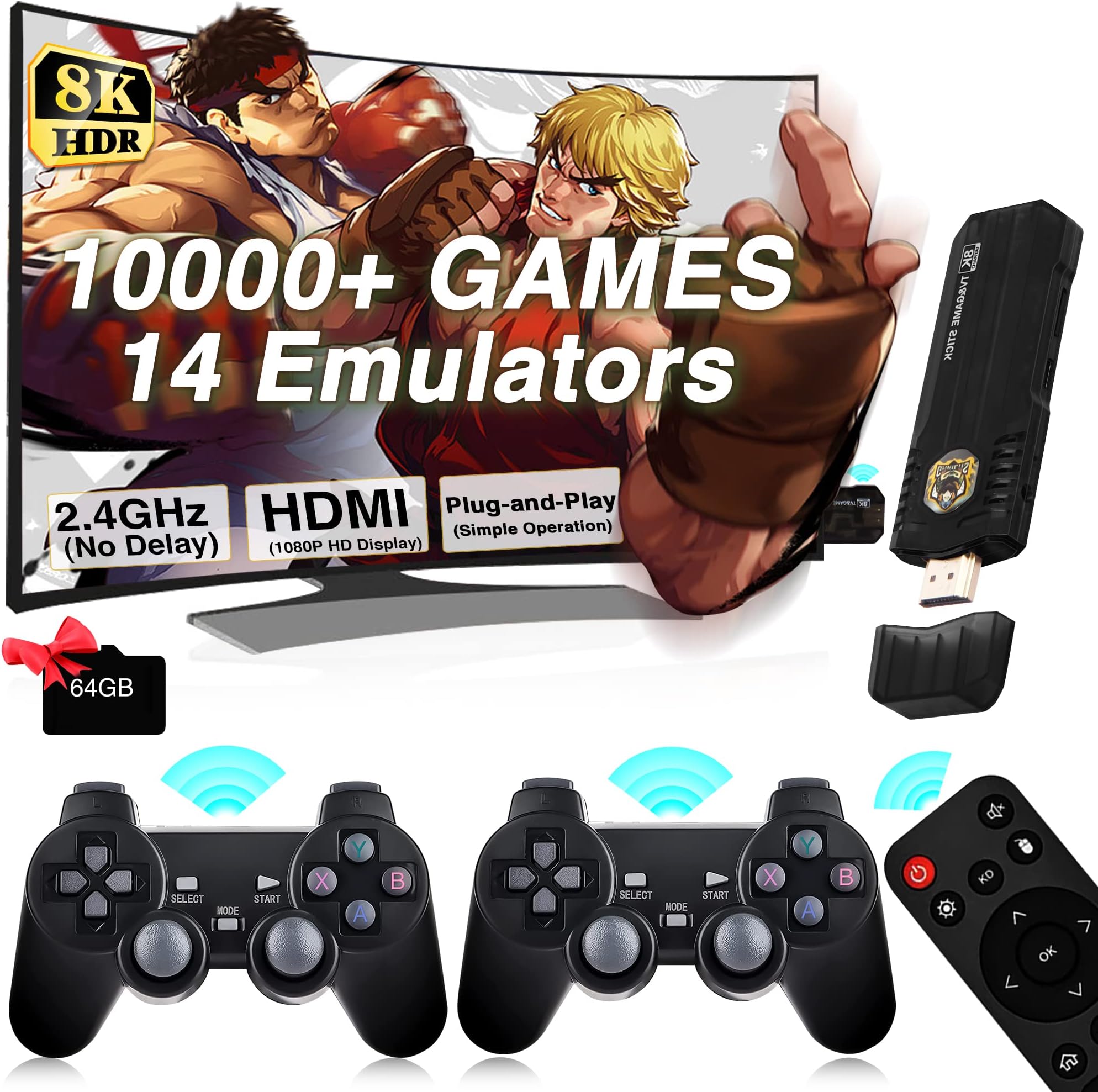 Wireless Retro Game Console, 8K Ultra HD Nostalgia Video Game Stick 10000+ Games Built-in, Plug and Play, 10+ Classic Emulators, 64G, with Dual 2.4GHz Wireless Gamepads, 1m USB Cable
