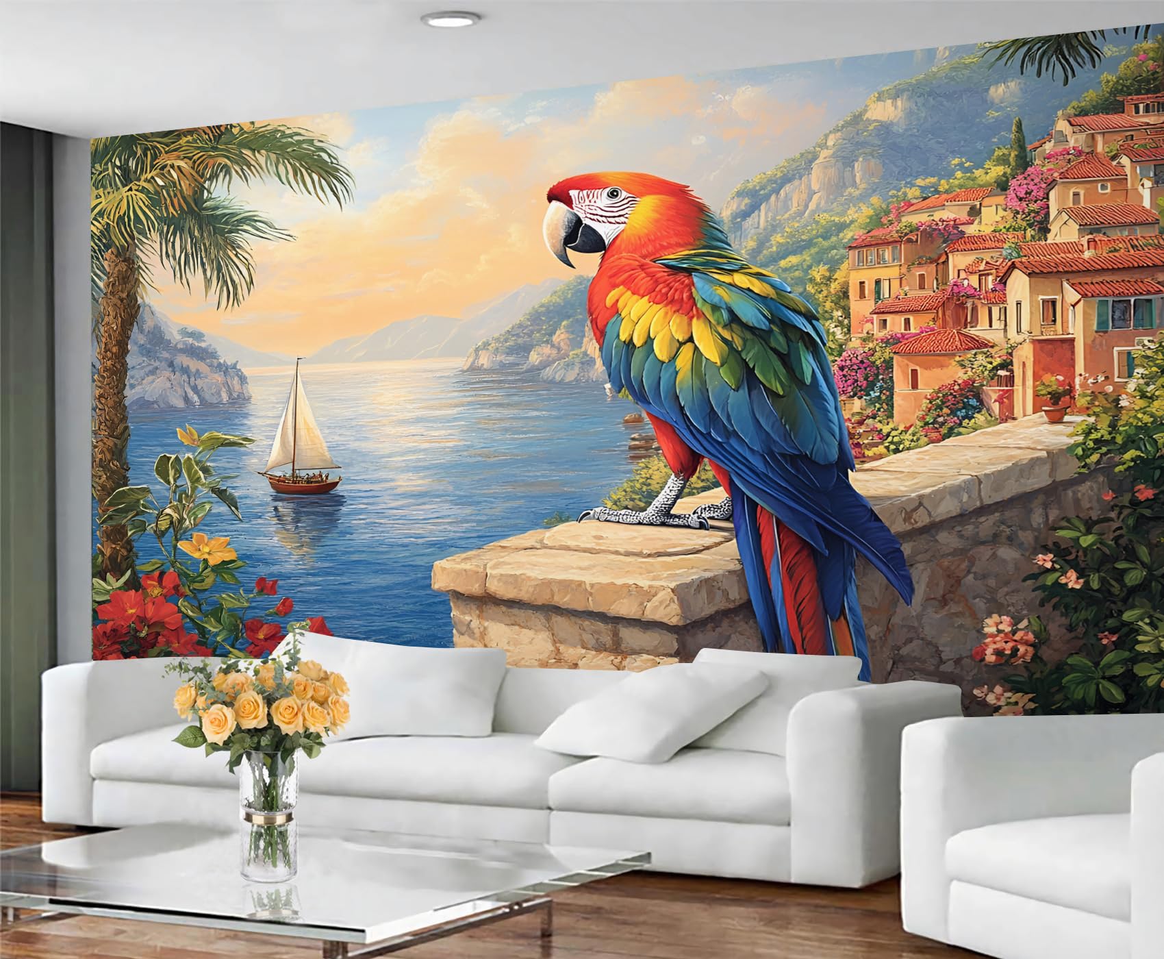 GIVLWF Parrot Wallpaper, Seaside Landscape Bedroom Wallpaper, Not Self Adhesive Wall Paper for Living Room, City Animal Wall Mural - Large Home Decor 150x105 cm — image 1