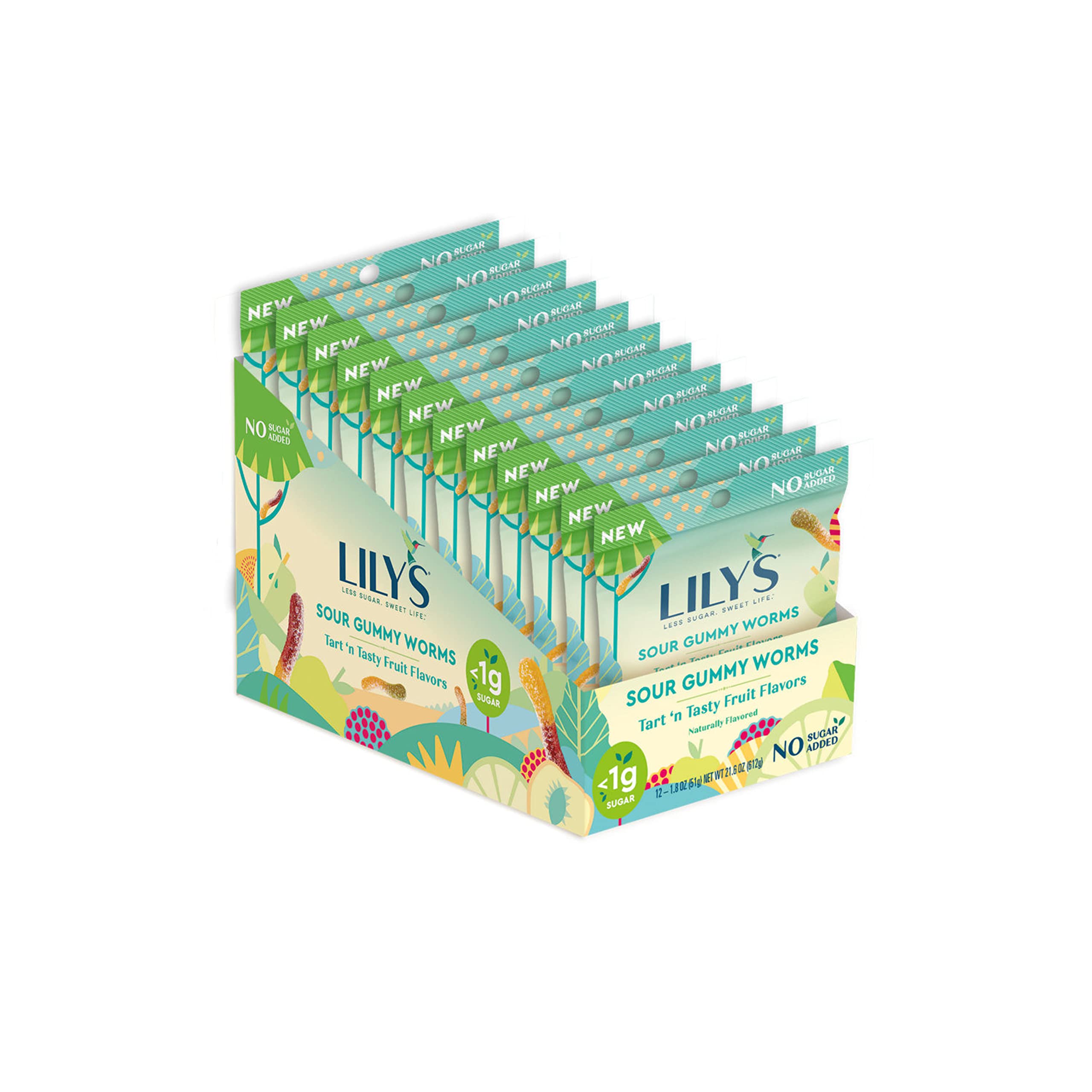 LILY'S Assorted Fruit Flavored No Sugar Added, Sour Gummy Worms Bags, 1.8 oz (12 Count)