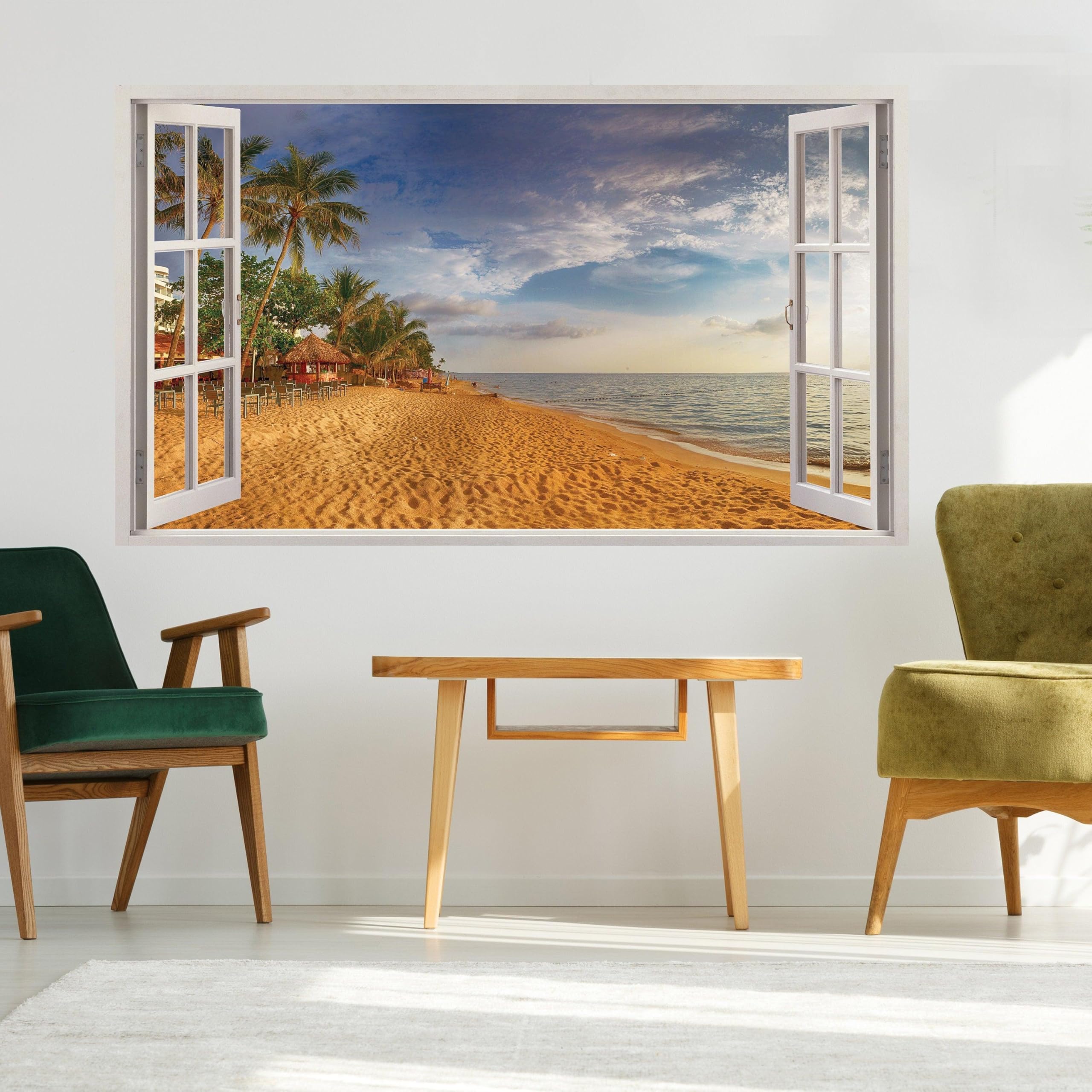 Adhesivo de pared 3D con ventana y vista a la playa, removible para dormitorio, escena del océano, vinilo para habitación, 63 x 38 pulgadas, muestra 1
