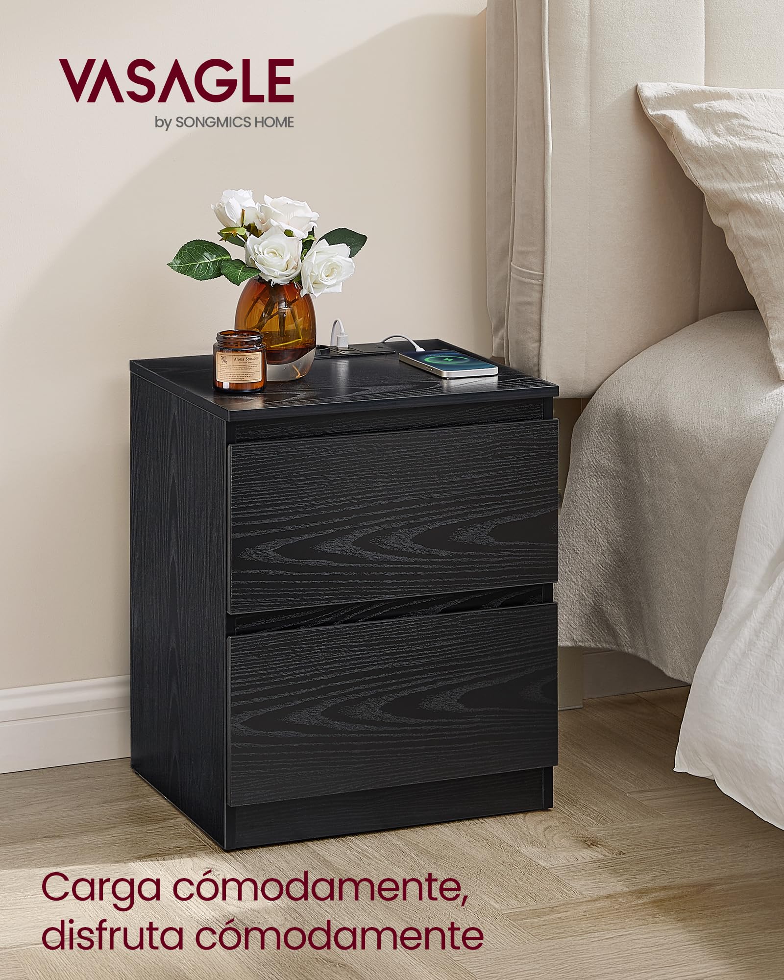 VASAGLE KAILYN Colección - Juego de 2, Mesita de Noche con Regleta de Enchufes, Mesa Auxiliar, 2 Cajones, 2 Tomas AC, 2 Puertos USB-A, Salón, Dormitorio, Negro Ébano LET821B02