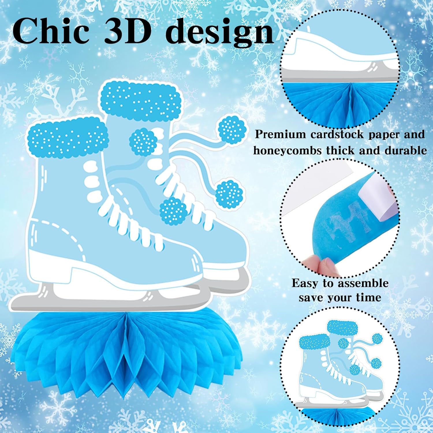 Poen 12 Pcs Ice Skating Party Decorations Ice Skating Honeycomb Table Centerpieces Birthday Favors Table Toppers for Winter Birthday Party Supplies 3D Decors