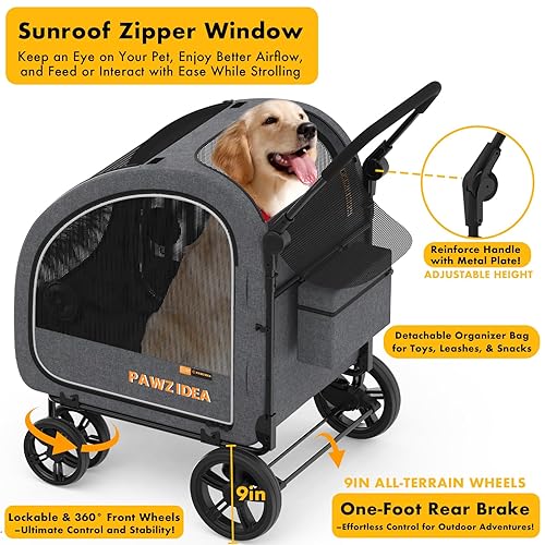 Miniatura 6 de PAWZIDEA Cochecito grande para perros con transportador desmontable, jaula portátil para perros de viaje en automóvil, múltiples cochecitos para