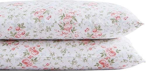 Laura Ashley Home - Juego de fundas de almohada estándar, ropa de cama de satén de algodón, suave y antiarrugas (coral lilano, 2 piezas)