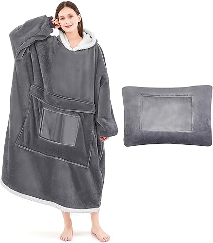 Manta con capucha de gran tamaño de forro polar Sherpa con capucha con doble bolsillo visible, acogedora y gigante, manta con capucha plegable con
