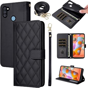 Argyle Wallet Case for Samsung Galaxy A11/M11 with Detachable Wrist Strap Shoulder Strap Card Slot Folio Purse Luxury PU Leather Stand Accessories Cell Phone Cover for A 11 11A Women Men Black