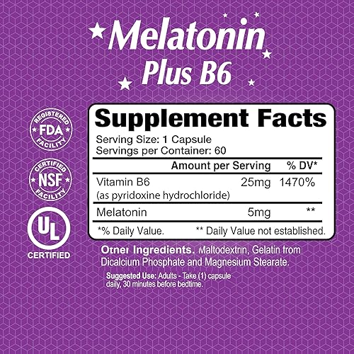Miniatura 2 de ALFA VITAMINS Suplemento de melatonina Plus B-6 con regulador del ciclo del sueño de 5 MG - Salud cardiovascular - Sistema inmunológico - 60 cápsulas