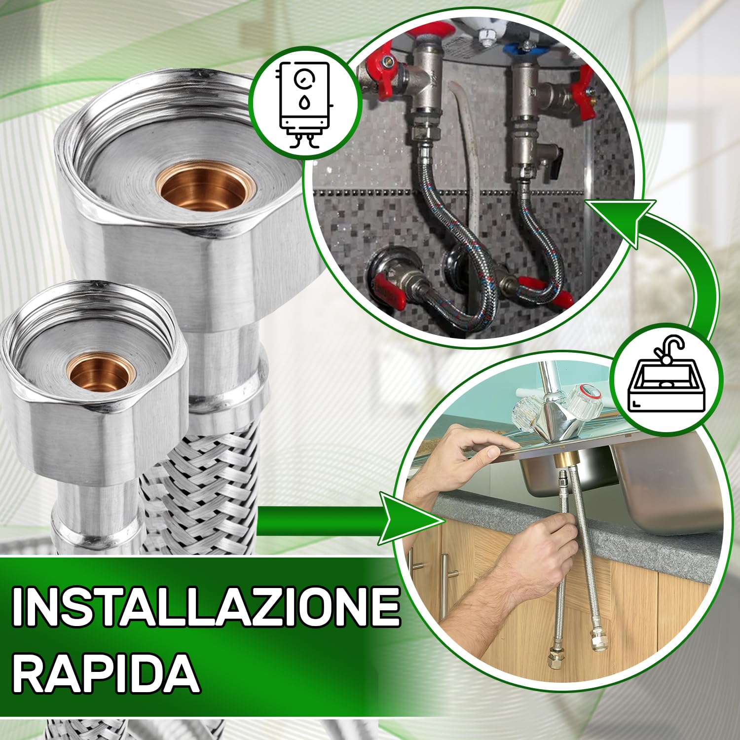 Tubo Corazzato 20 cm Femmina 1/2” x Femmina 1/2” DN8 DE13 - Tubo Flessibile Realizzato in Acciaio Inox Temperatura max 70°C Pressione di Esercizio 10 bar - Garanzia di 5 Anni - ONIX TECH