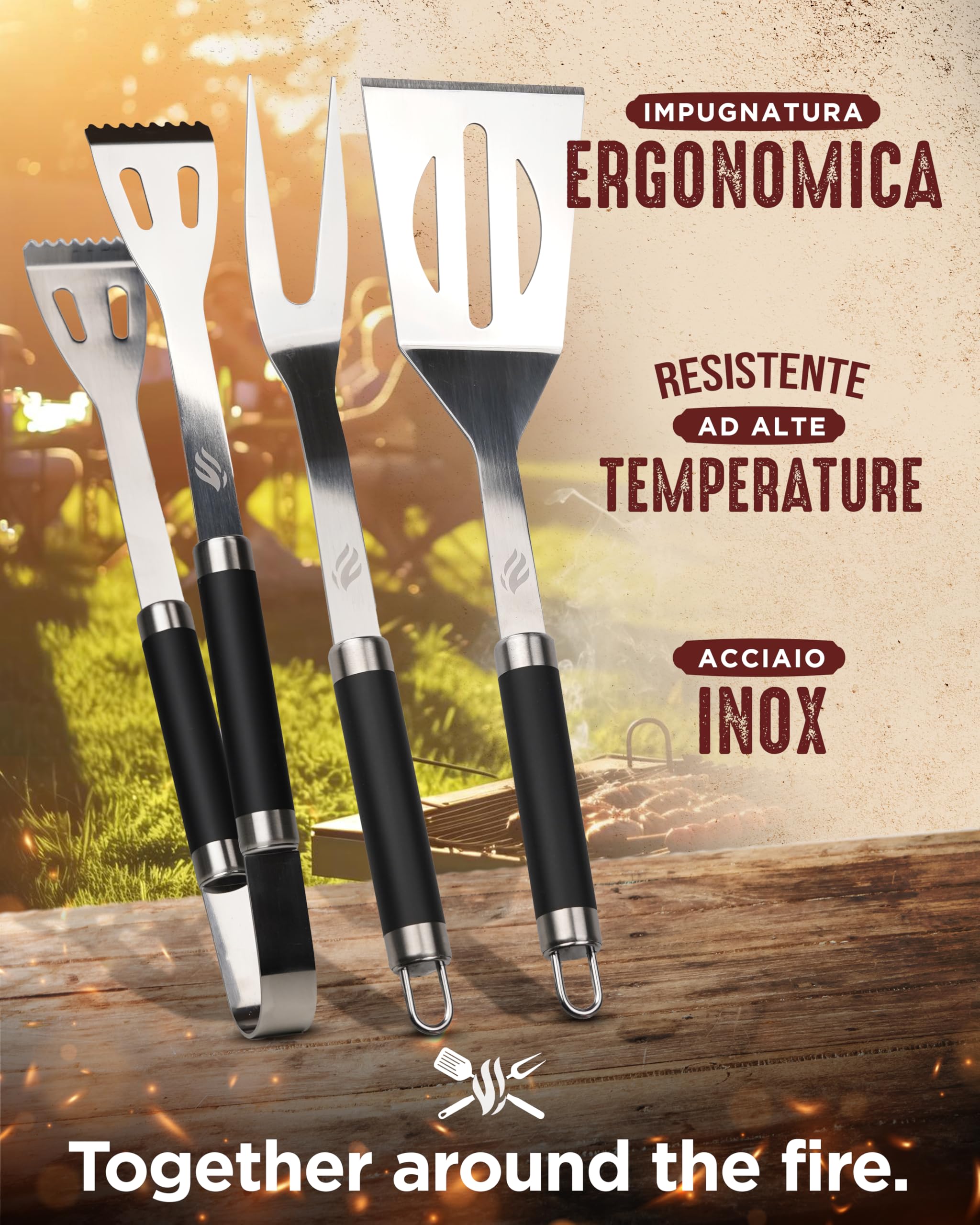 HORUS 23® - Set Accessori Barbecue Professionale con Borsa Porta Attrezzi Barbecue - 4 Accessori BBQ: Pinze, Spatola, Forchettone e Guanto Ignifugo