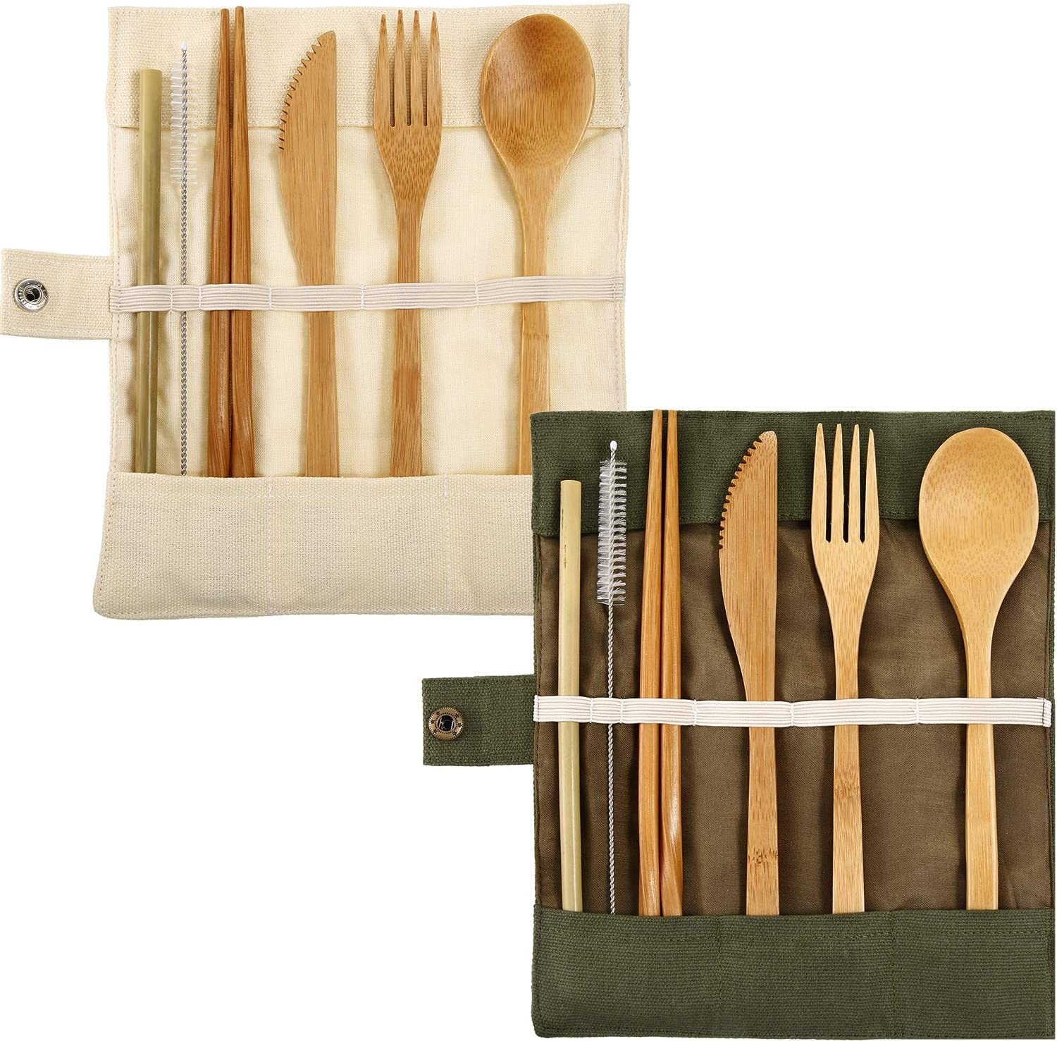 SYOSI 2 Sets Bamboo Cutlery, Bamboo Utensils Flatware Set Bamboo Travel Utensils Include Reusable Chopsticks Fork Spoon Knife Straws Brush for Camping Hiking Picnic with Pouch Bag