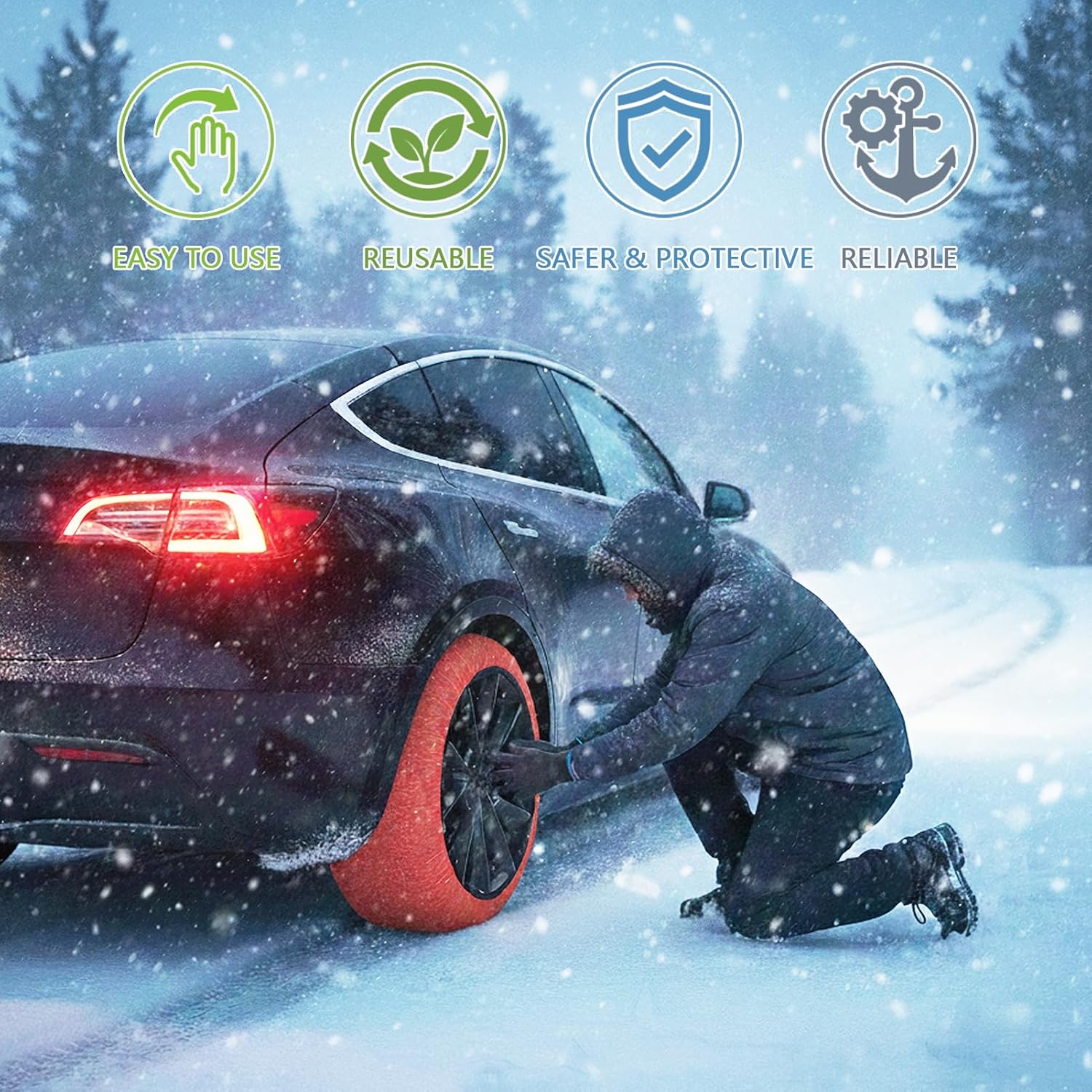 C-Hopetree Snow Socks for Tires, Superior Grip Alternative for Snow Chain, Anti-skid Tire Traction Device for Cars and SUVs, XL-Large, Pack of 1 pair (2 pieces)