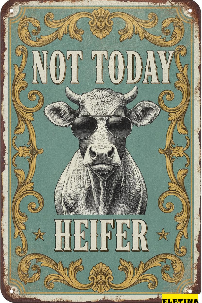 Not Today Heifer Cow Tin Sign, 8x12 Inch Cottage Decor