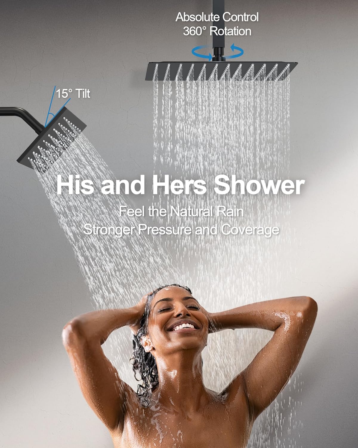 Thermostatic Shower System, Dual Rainfall Shower Heads for Ceilling & Wall Mounted with Handheld Sprayer, Matte Black