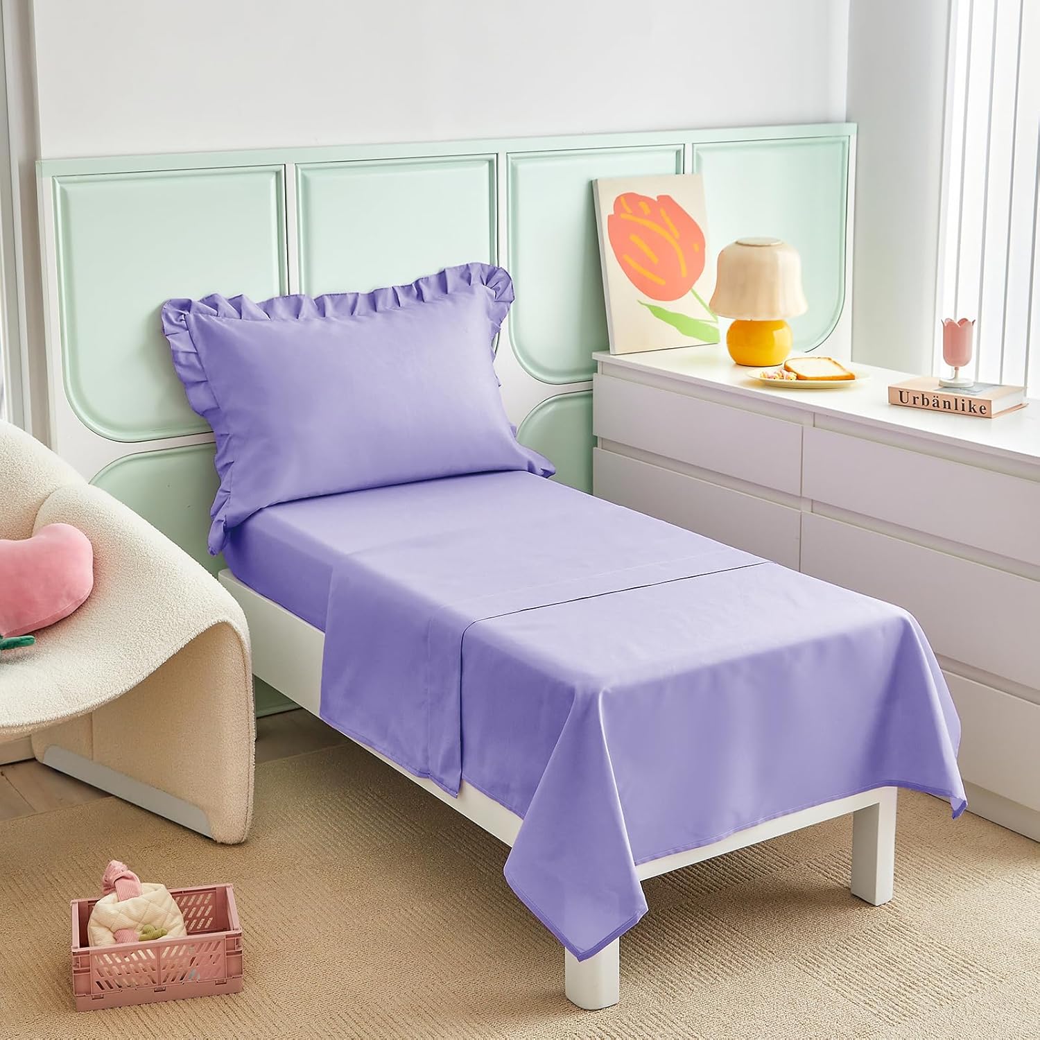4 Pieces Purple Toddler Bedding Set with Ruffle Fringe, Solid Color Toddler Bed Set - 1 Toddler Comforter + 1 Fitted Sheet +1 Flat Sheet +1 Pillowcase for Baby Boys and Girls