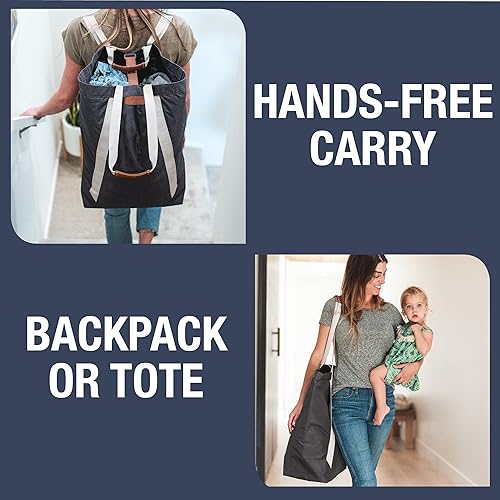 Miniatura 3 de CleverMade Mochila de lavandería con correas para el hombro, cesta de ropa de gran capacidad con tapa de cierre superior con cordón, carbóncrema