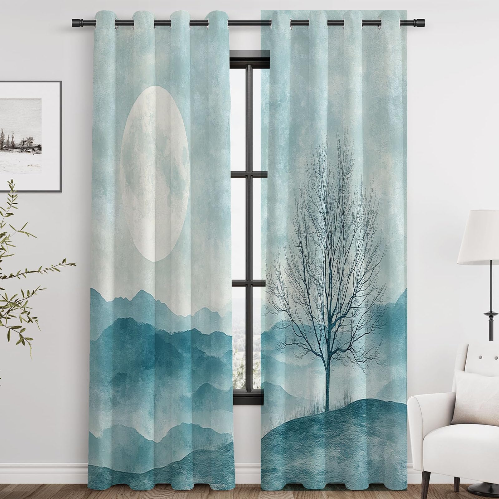 Vorhang Mit Abstrakte Linien Mondbaum Blickdichte Thermo Vorhang Kälteschutz Blackout Curtain Mädchenzimmer Schlafzimmer Verdunkelung-H220 x B132 cm (2er Pack)