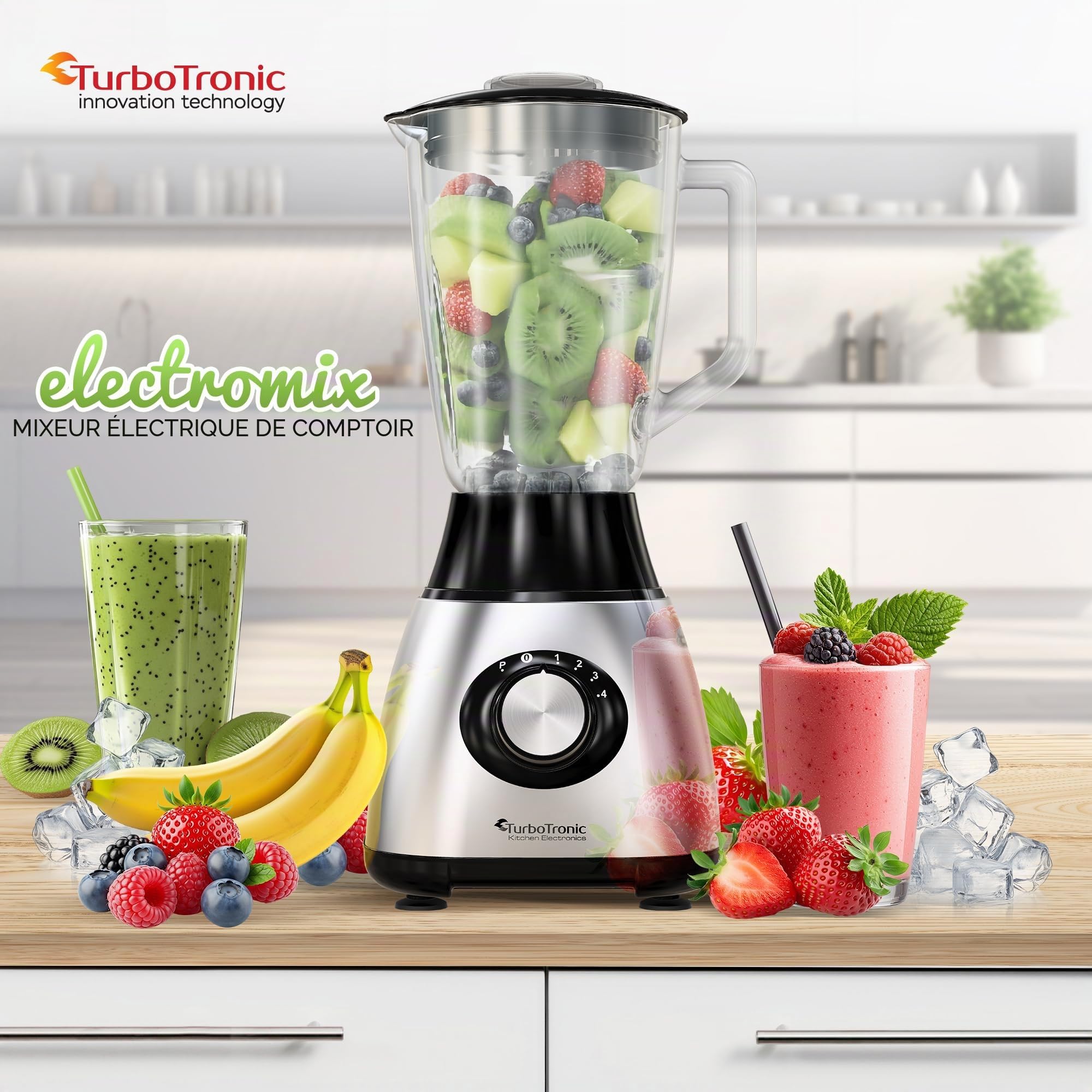 TurboTronic Mixeur 1200W, Blender avec bol en verre 1,5L, Fonction glace pilée – Sans BPA, Acier inoxydable – Smoothies, milkshakes et sauces
