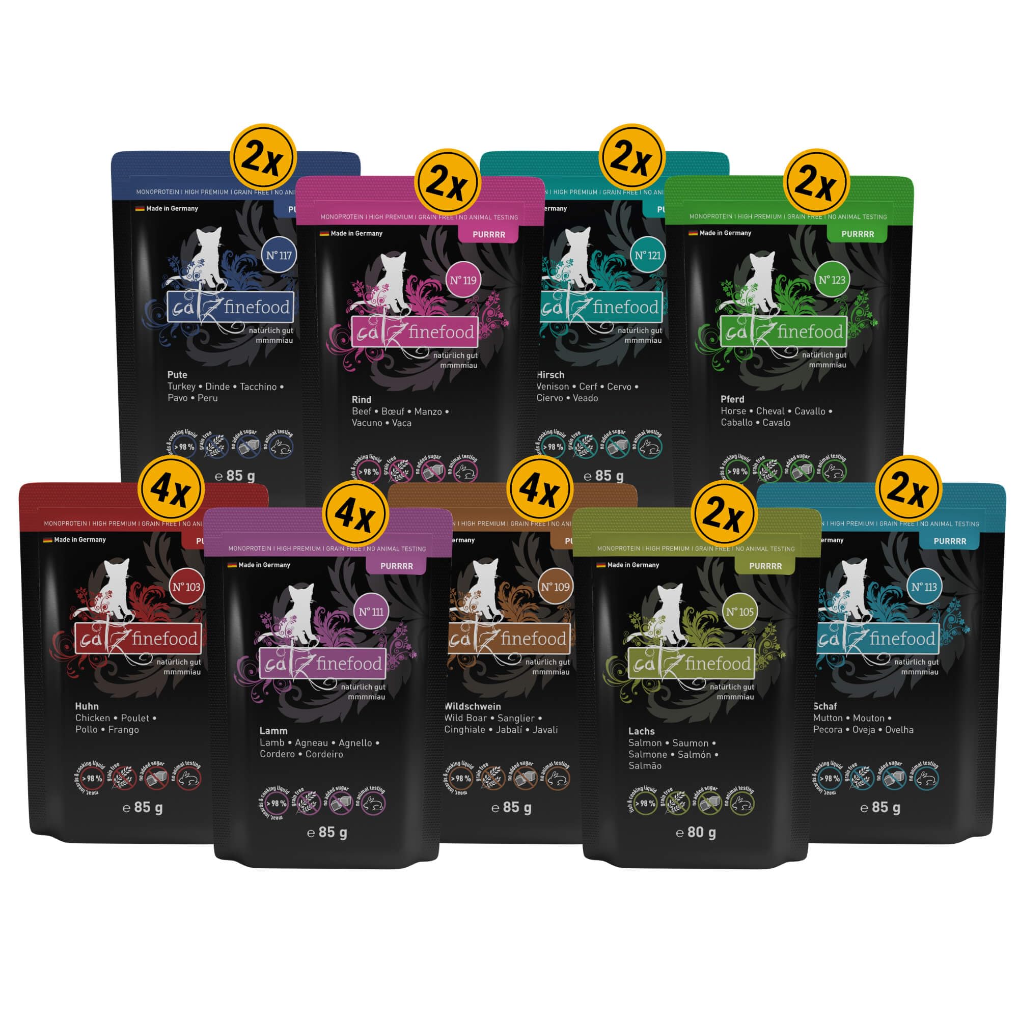 catz finefood Purrrr Collection Comida húmeda para Gatos XXL, Paquete de Comida húmeda Gourmet para tu Gato, sin azúcar ni Cereales, sin Gluten y monoproteína con Alto Porcentaje de Carne (24 Bolsas