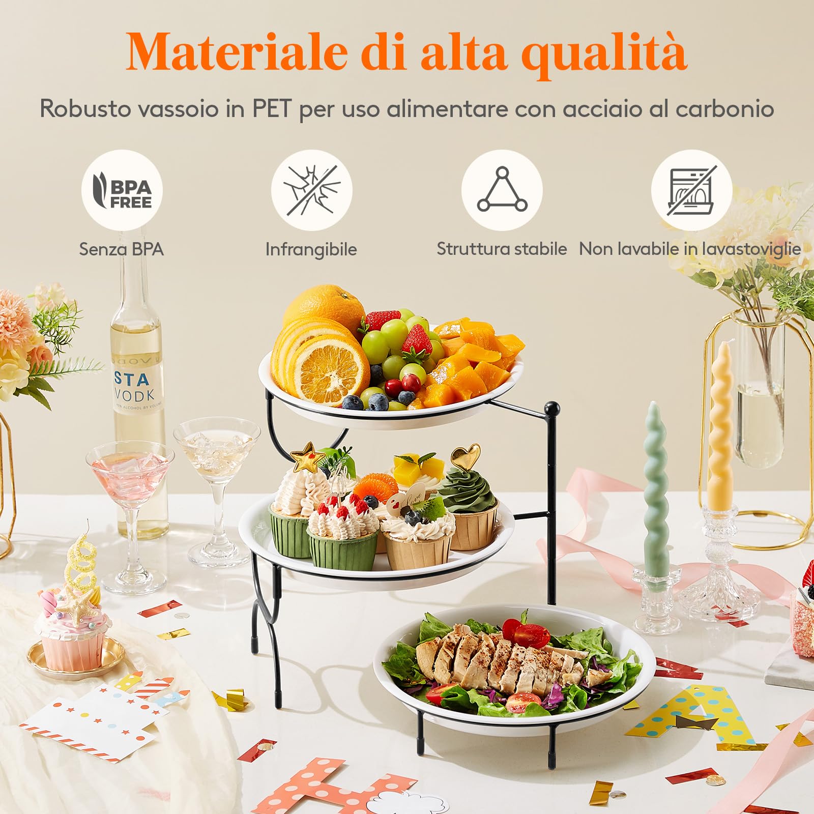 Lifewit Vassoio da Portata con 3 Piatti Rotondo, Rotondo Vassoio Plastica, Alzate per Buffet Dolci, Portafrutta da Tavolo, Cucina Decorativo,Vassoi e Piatti con Ripiani, Rastrelliera in Metallo Nero