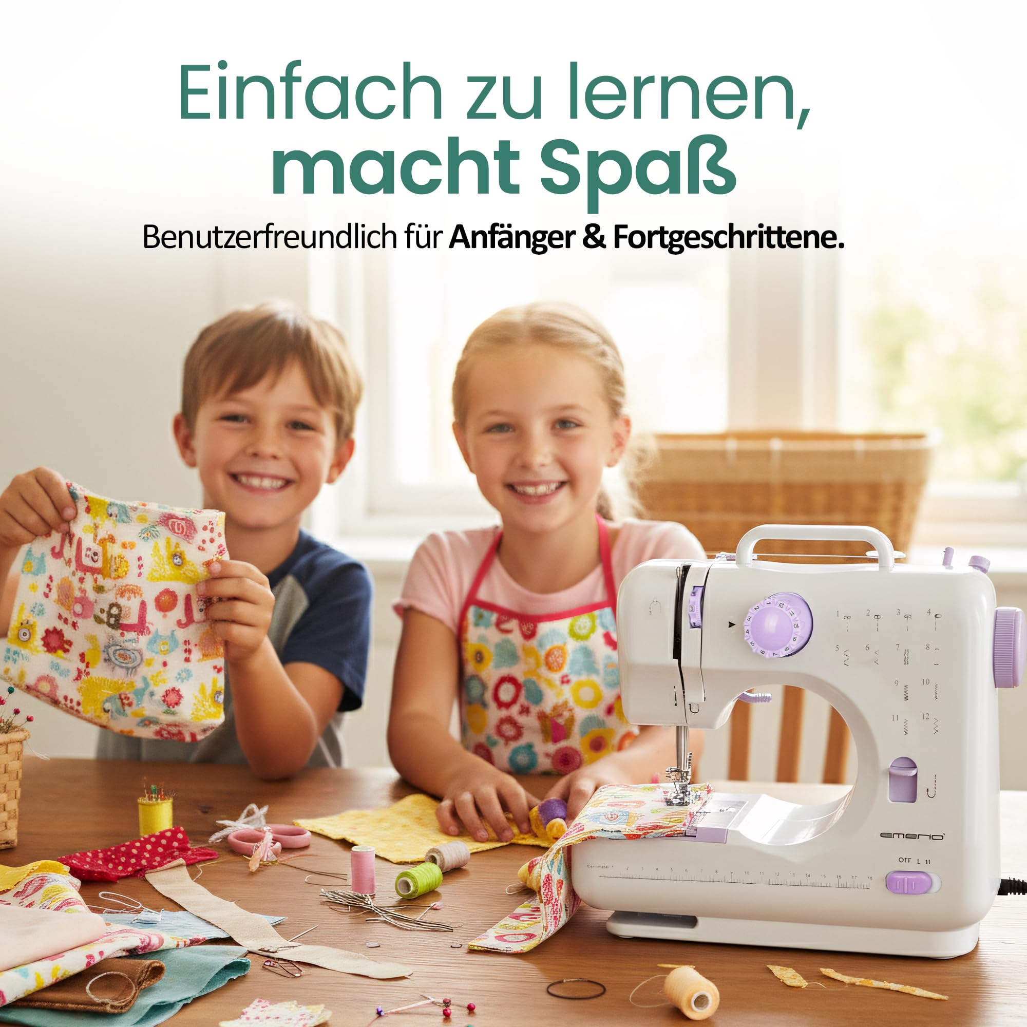 Emerio Nähmaschine für Kinder und Anfänger, SEW-121820, 12 Stichmuster, Mini mit Fußpedal, Strom und Batteriebetrieb, Zuhause, LED Licht, Vor und Rückwärtsautomatik, Weiß/Rosa