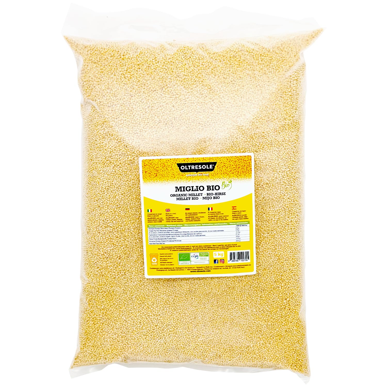 Oltresole, Miglio Decorticato Biologico 5 kg, Cereale Bio Ricco di Fibre e Minerali, Miglio Giallo in Grani per Uso Alimentare, Formato Convenienza
