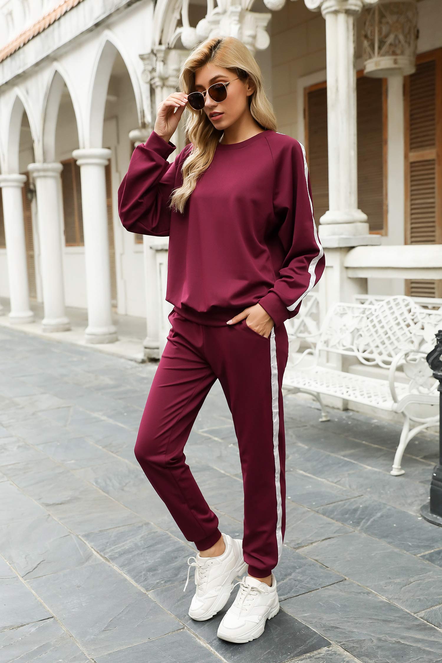 Irevial Damen Irevial Damen Jogginganzug Trainingsanzug Set Freizeitanzug Sportanzug mit Streifen Taschen Fitnessanzug Sportbekleidung