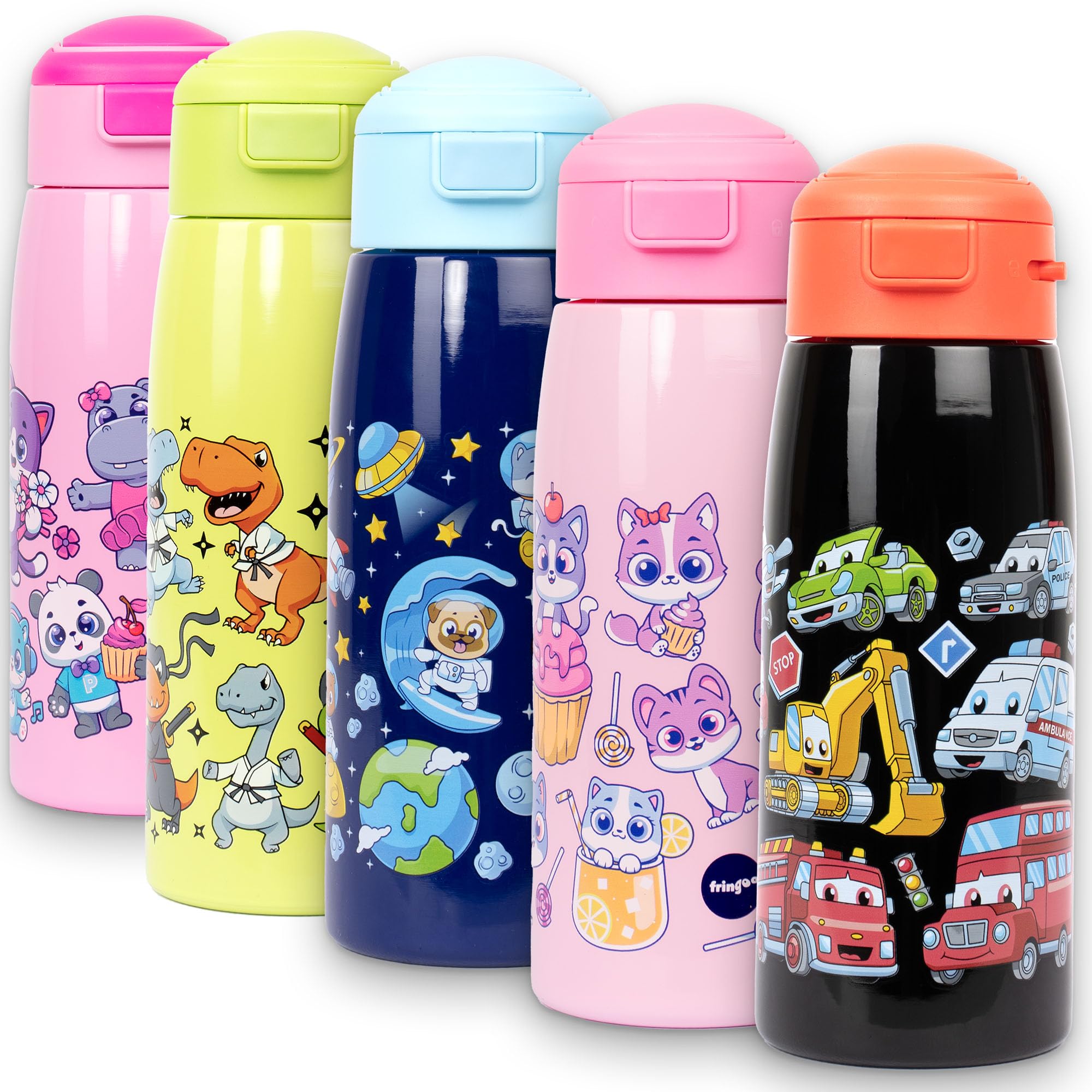 Fringoo Toddler Water Bottle with Straw 350ml Stainless Steel Bottle,Insulated Double Wall, 100% Leak-Proof and Lockable, Carry Handle, 12hr temp control, Black and Red Cars Design — image 1