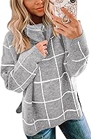 ECOWISH Women's Turtleneck Plaid Sweater: Chunky Knit Long Sleeve Pullover, Loose Fit Fall Winter Jumper Tops with Side Slit