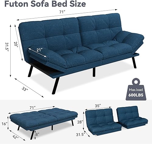 Miniatura 47 de Vyfipt Sofá cama tipo futón, sofá pequeño de espuma viscoelástica de piel sintética para sala de estar, sofá biplaza moderno con reposabrazos Negro