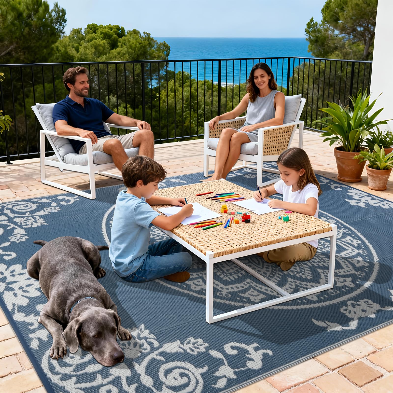 Homcomodar Tapis Exterieur Resistant Pluie Réversible 180x270cm Tapis Exterieur Terrasse Tapisextérieur pour Balcon, Terrasse, Jardin, Camping, Pique-Nique（Bleu& Blanc ）