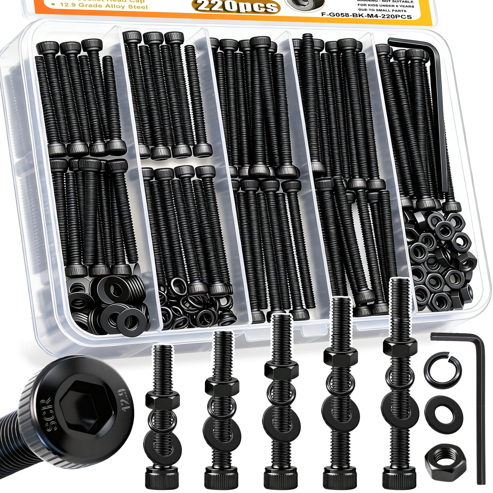 Taiss 220PCS M4 Screw Kit M4 x 30/35/40/45/50mm,Black Hex Socket Head Cap Metric Screws,Bolts and Nuts Washers Assortment Kit,12.9 Grade Alloy Steel Bolts for 3D Printer-image-39