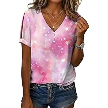 Womens Tie Dye Print Shirts Short Sleeve Tunic Tops V Neck Cold Shoulder Button Blouse Dressy Casual Summer Shirt