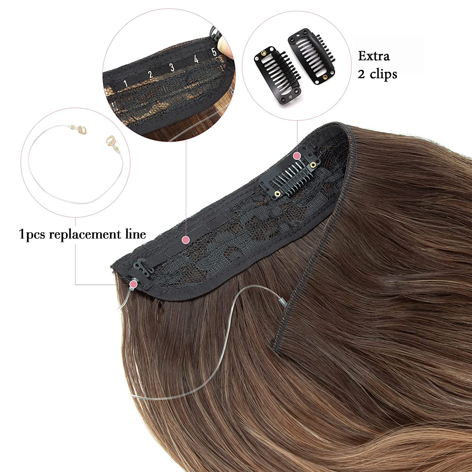 Invisible Hair Extensions 20 inch Wavy Hair Extension Synthetic Hair Pieces for Women Transparent Invisible Secret Wire Hair Extensions (Dark Brown with Auburn Brown Highlights) - Image 4